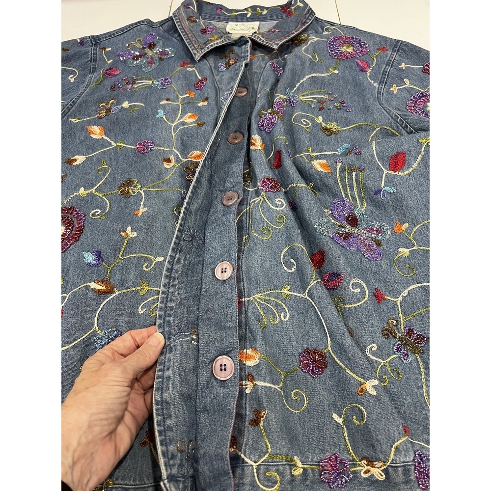 QUACKER FACTORY  Cotton Beaded Denim Jean Jacket Butterflies Embroidered Size 1X - Picture 13 of 16